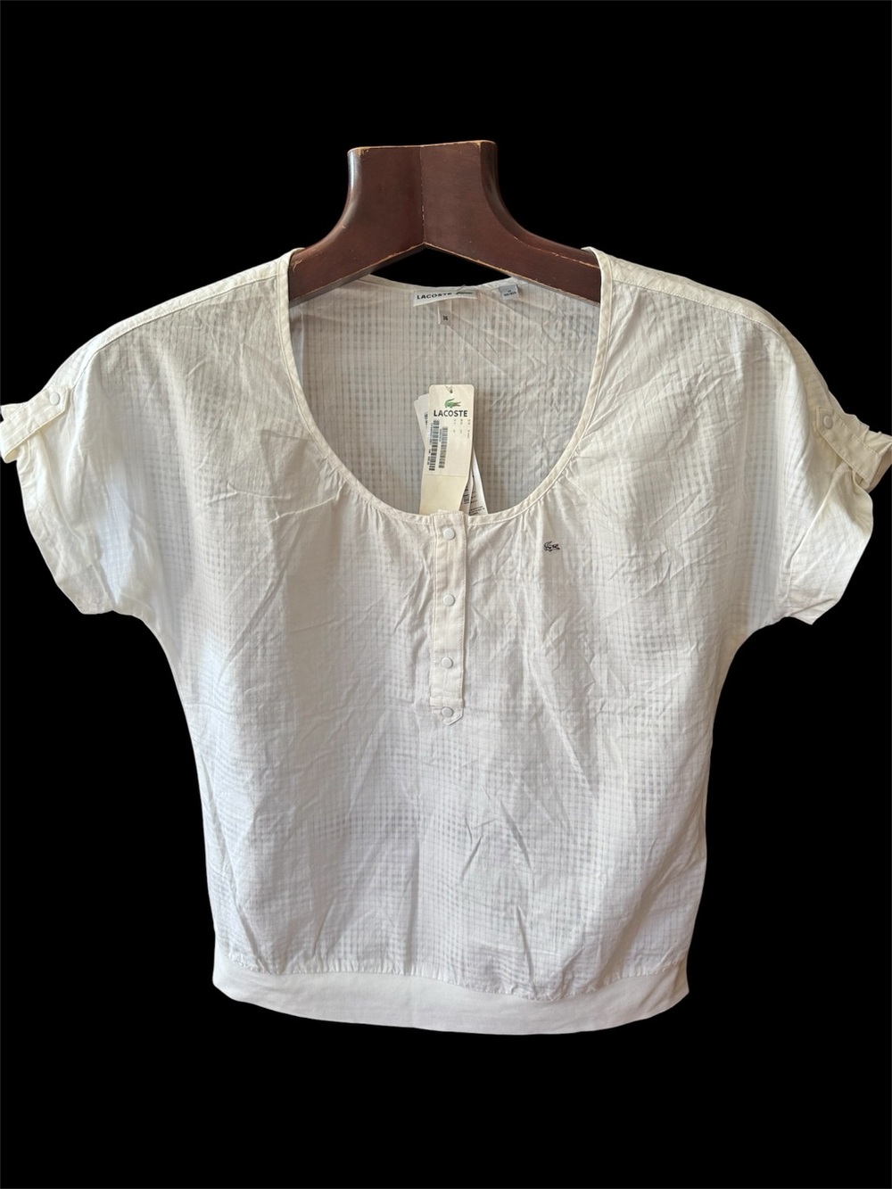 Lacoste White linen cotton Short Sleeve Henley Knit Top-size 36 NWT